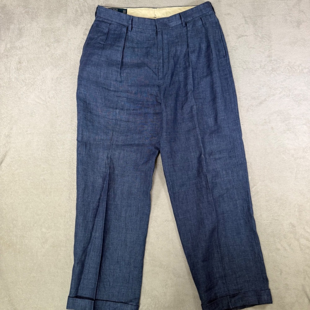 Polo Ralph Lauren Mens 34x30 Blue 100% Linen Pleated Cuffed Dress Pants Trousers